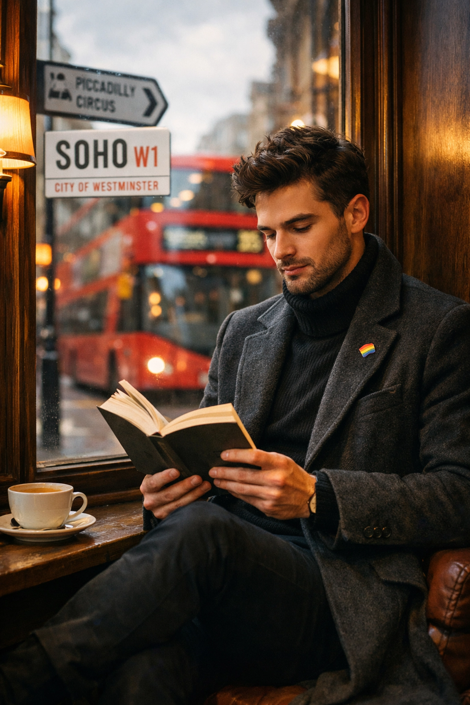 A young gay man reads a book in a Soho London cafe window, showcasing solo queer travel and LGBTQ+ literature.