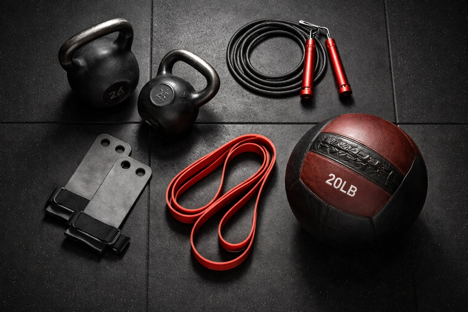 Flat-lay of essential CrossFit home gym equipment: kettlebells, speed rope, resistance bands, and medicine ball on rubber flooring.