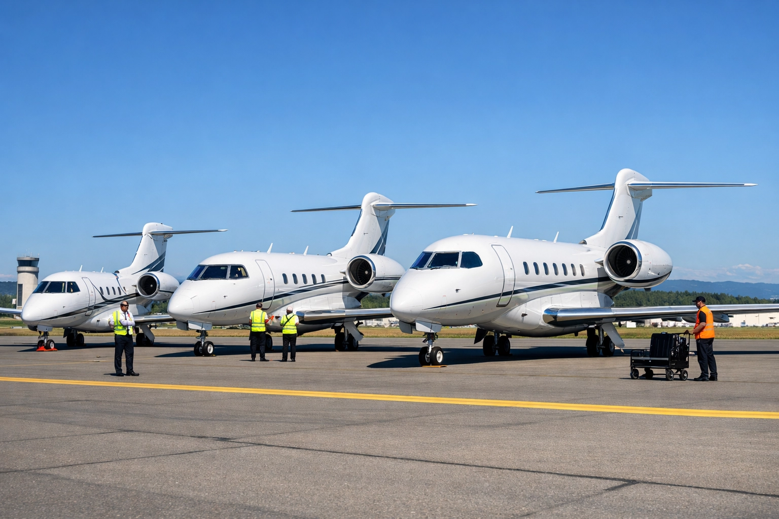 Press Release Multiple business aircraft sizes lined up at executive airport for optimal group travel selection