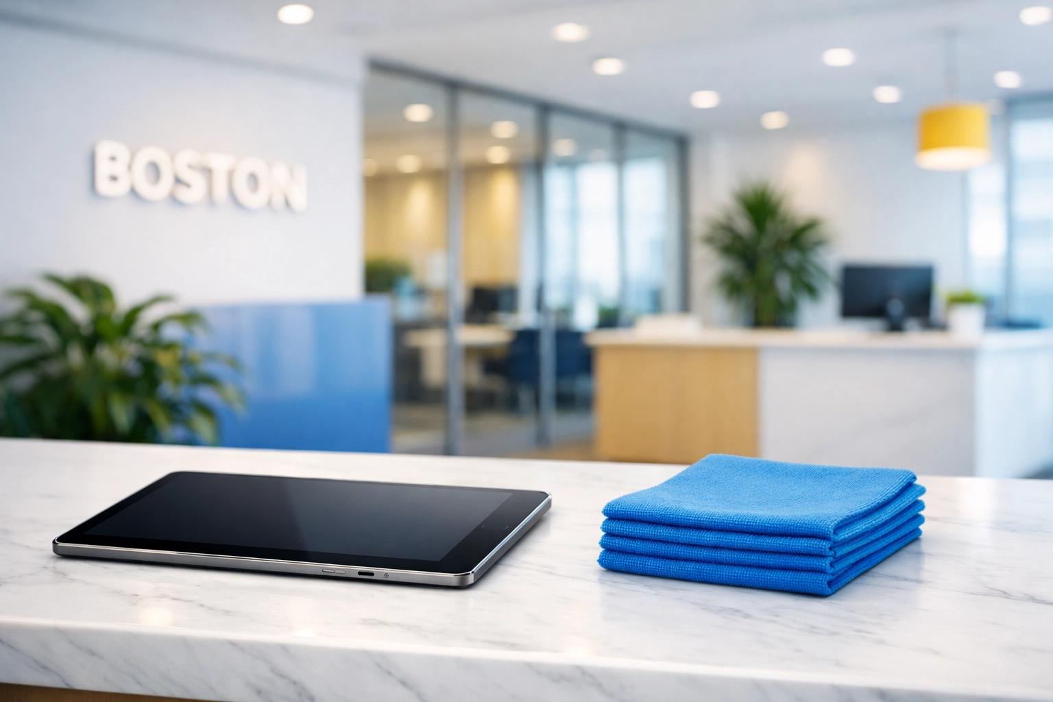 Professional Boston office reception area with a digital tablet used for tracking commercial cleaning logs.
