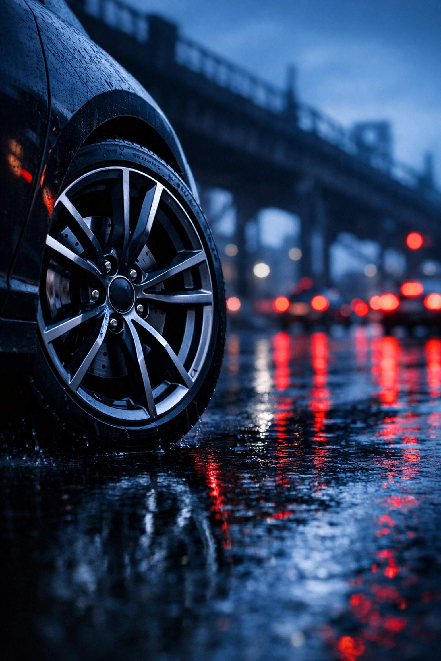 Car wheel on wet Chicago street at night, showing brake rotor for safe city commuting and brake repair in Chicago.
