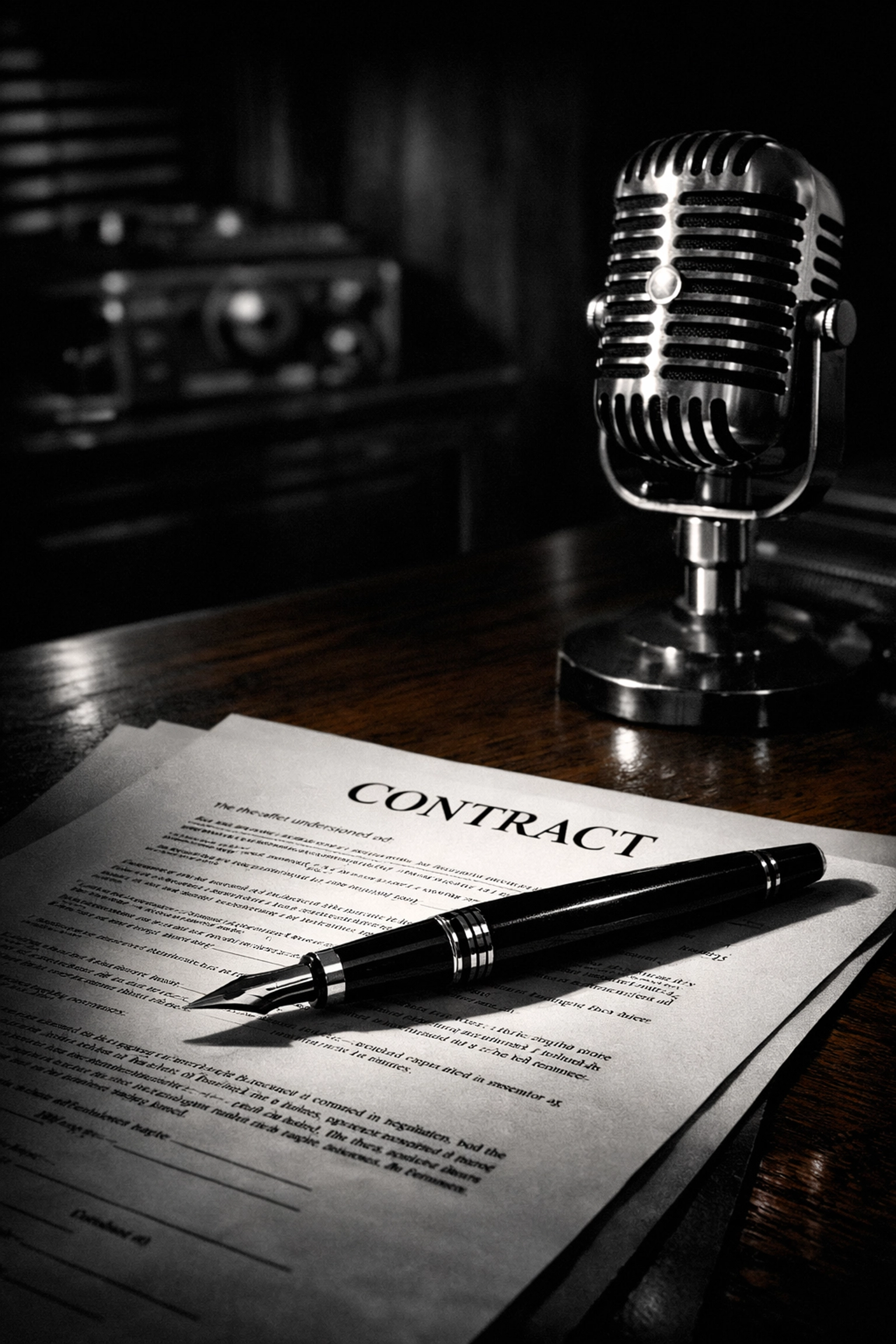 Vintage microphone and contract representing Elvis Presley's career-defining transition from Sun Records to RCA.
