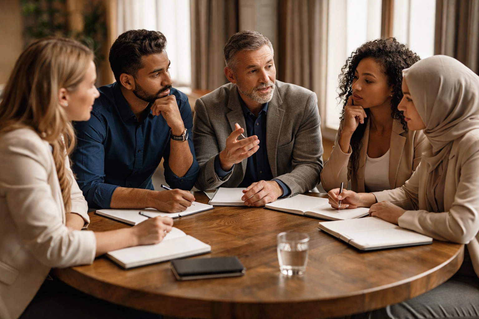 Five business owners collaborating during an intimate mastermind session, showing deeper professional relationships.