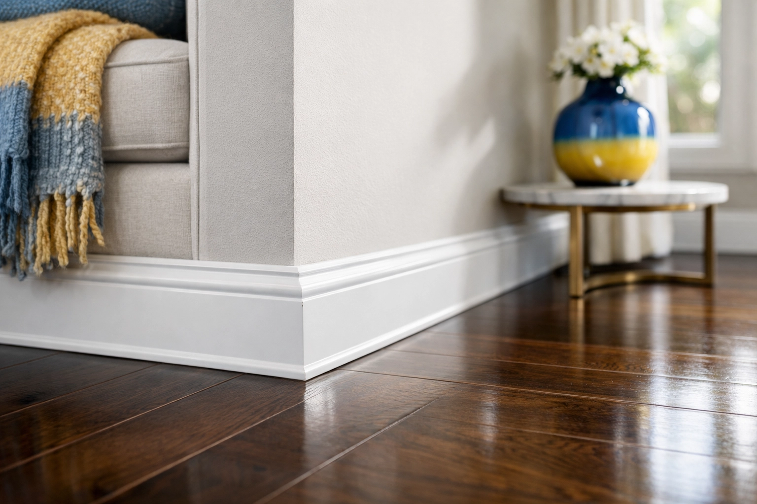 Professional deep cleaning Marlborough detailing white baseboards and hardwood floors in a sunlit living room.
