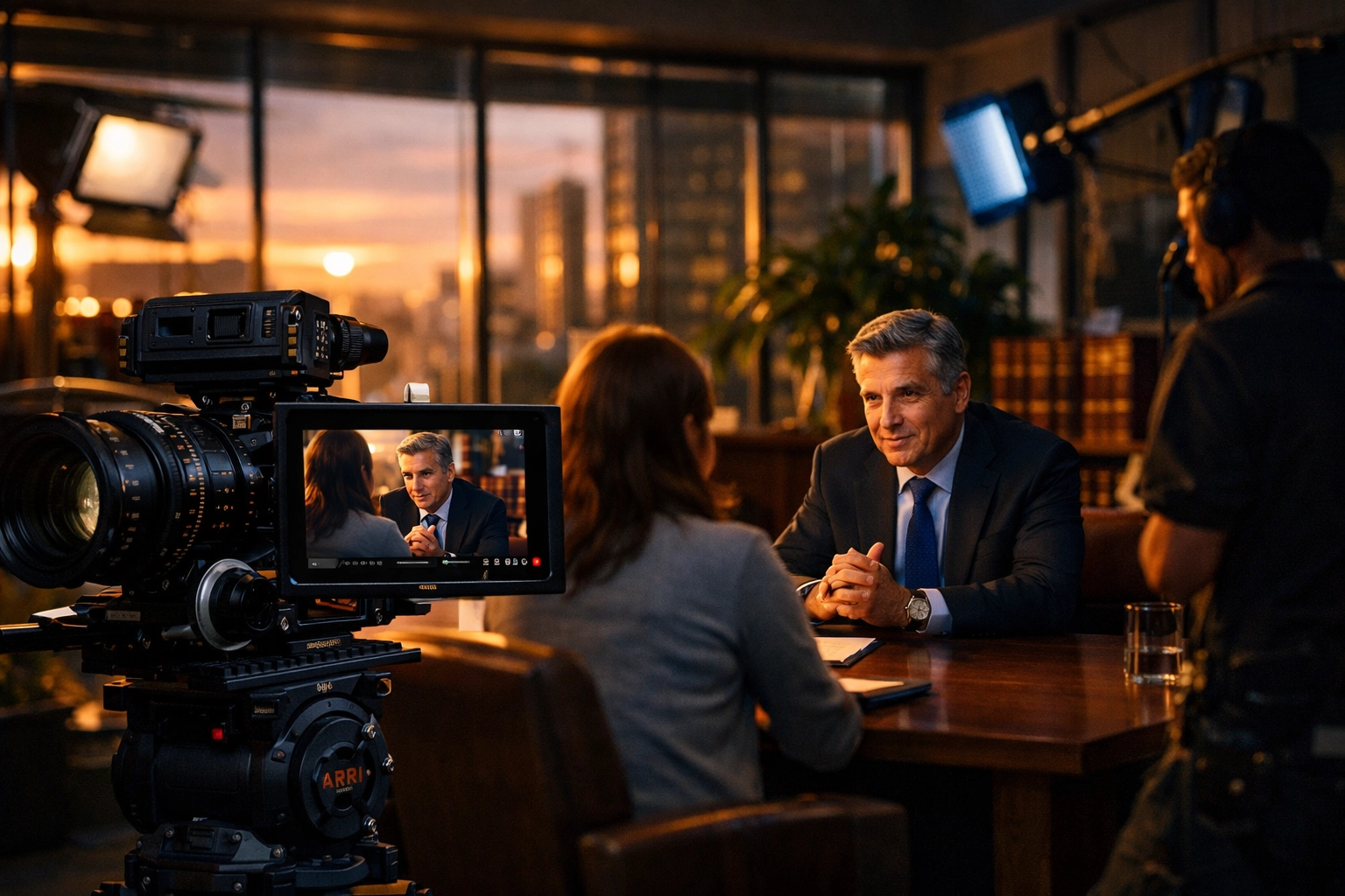 Legal video production set showing a lawyer being interviewed to build trust through authentic human connection.