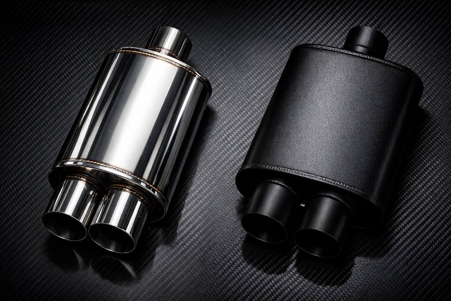 Comparison of performance exhaust mufflers showing straight-through and chambered designs for Dodge Challenger V8 engines.