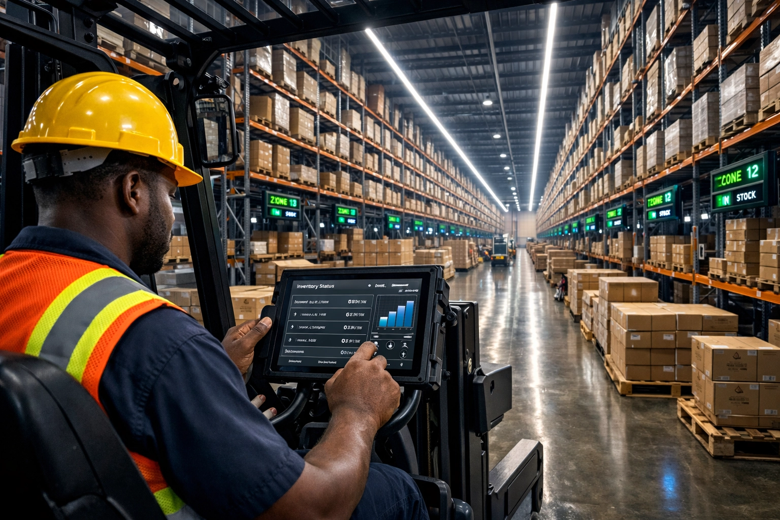Automated warehouse worker using tablet for real-time inventory tracking and management