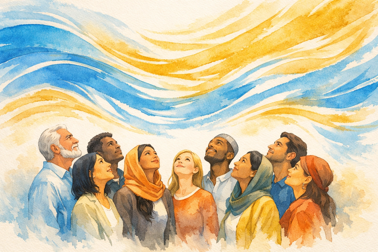 A global community of believers looking up, symbolizing the Holy Spirit's power in a 16 Fundamental Truths study.