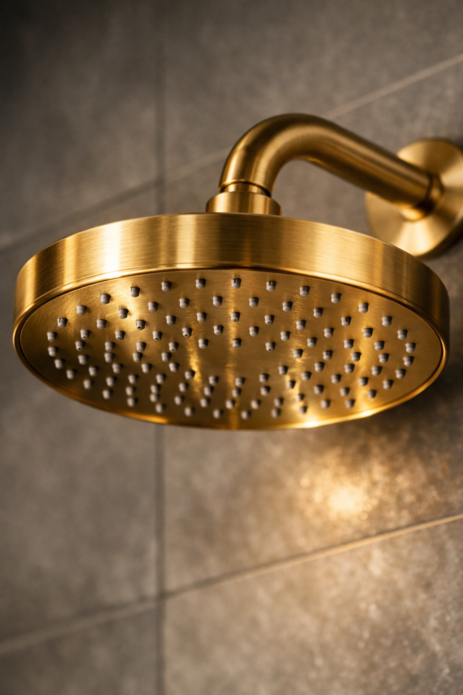Close-up of a luxury gold rain shower head, a quality splurge for a custom bathroom renovation project.