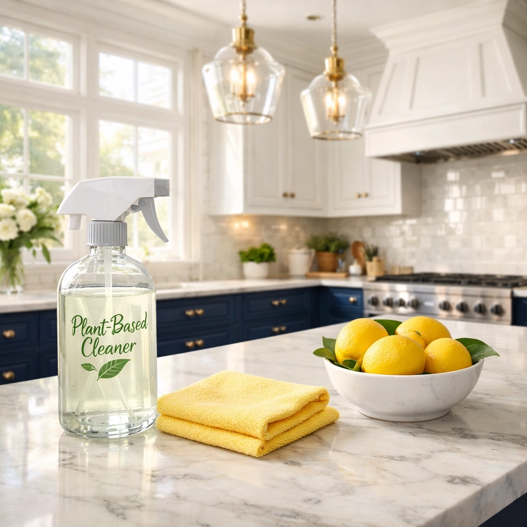Eco-friendly residential cleaning Massachusetts in a luxury kitchen with non-toxic botanical supplies.