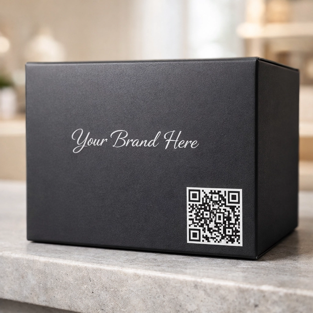 Premium product packaging featuring a smart label QR code to turn physical goods into digital storefronts.