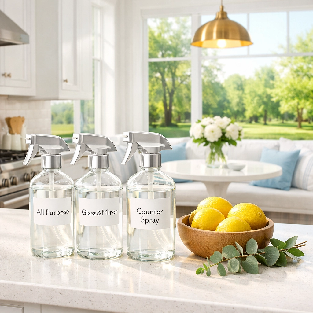 Sustainable residential cleaning Massachusetts products used for non-toxic house cleaning in a modern Dover kitchen.