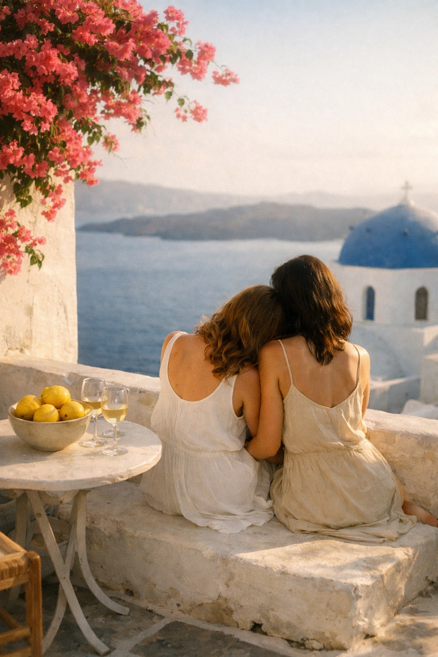 A sapphic couple sharing an intimate moment on a Mediterranean balcony, perfect for European summer beach reads.