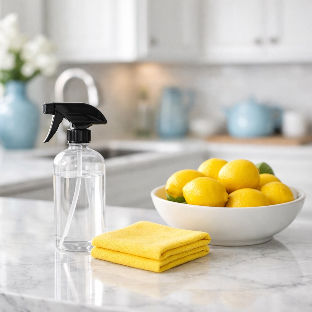 Professional spray bottle and yellow microfiber cloth on a clean marble countertop in a Townsend MA home.