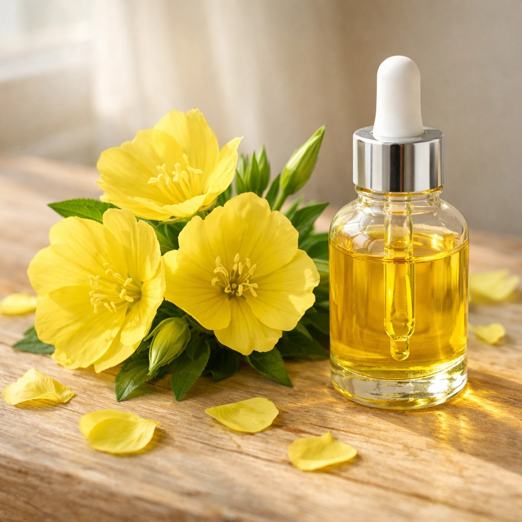 Evening primrose oil bottle with fresh primrose flowers for women's hormonal health