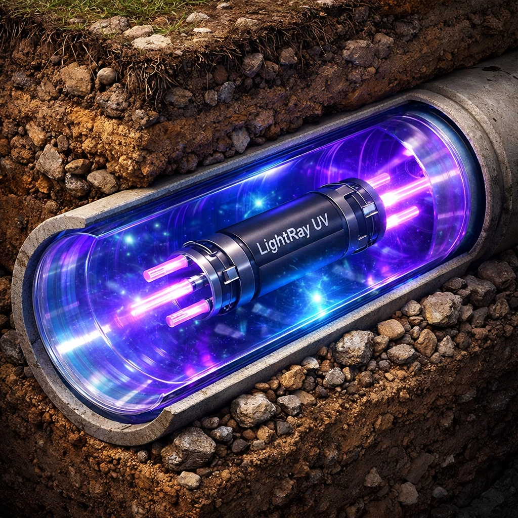 LightRay UV liner installation process showing blue UV-C light curing a new pipe underground.
