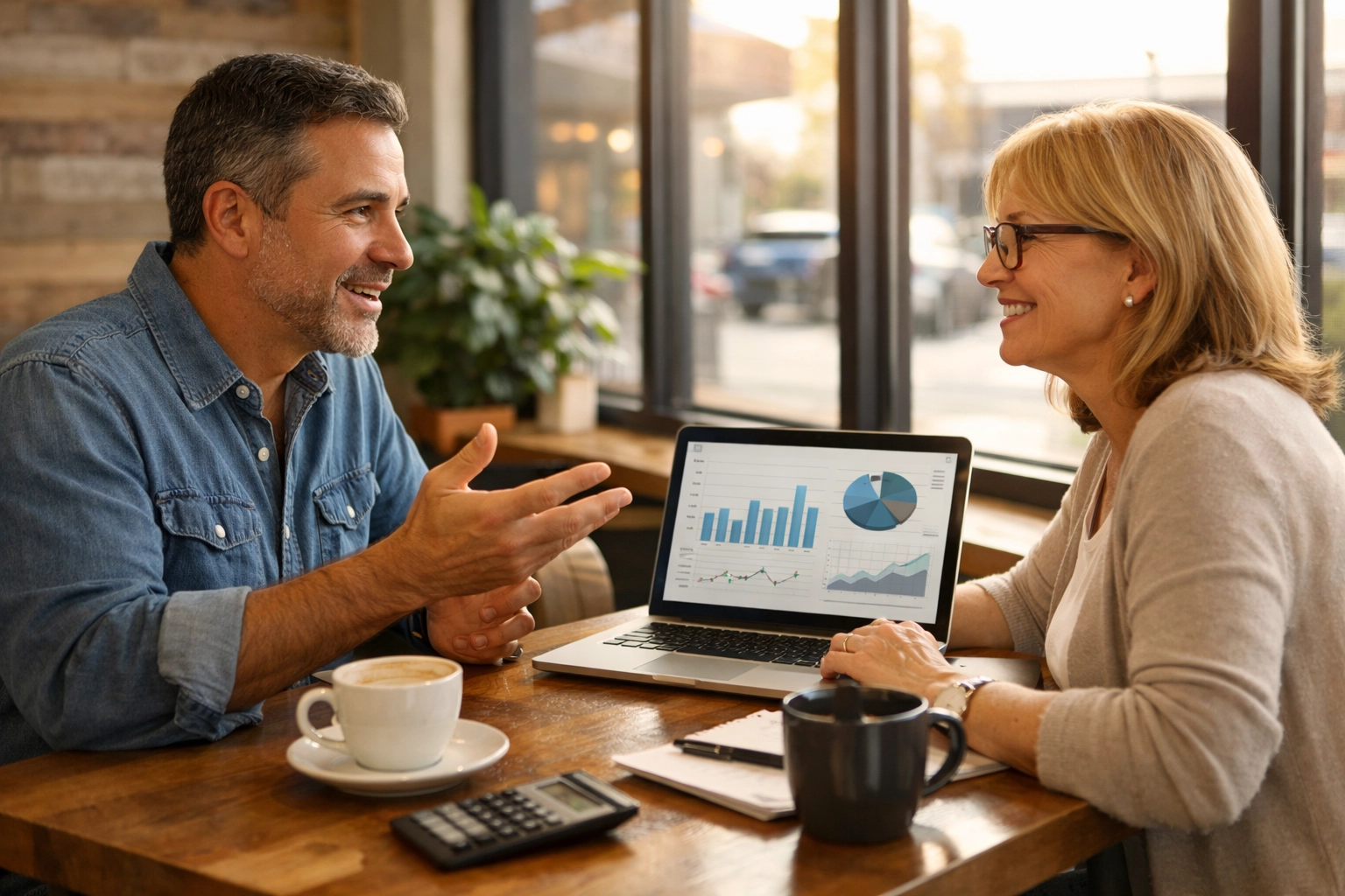 Local NJ bookkeeper meeting with business owner to discuss financial strategy