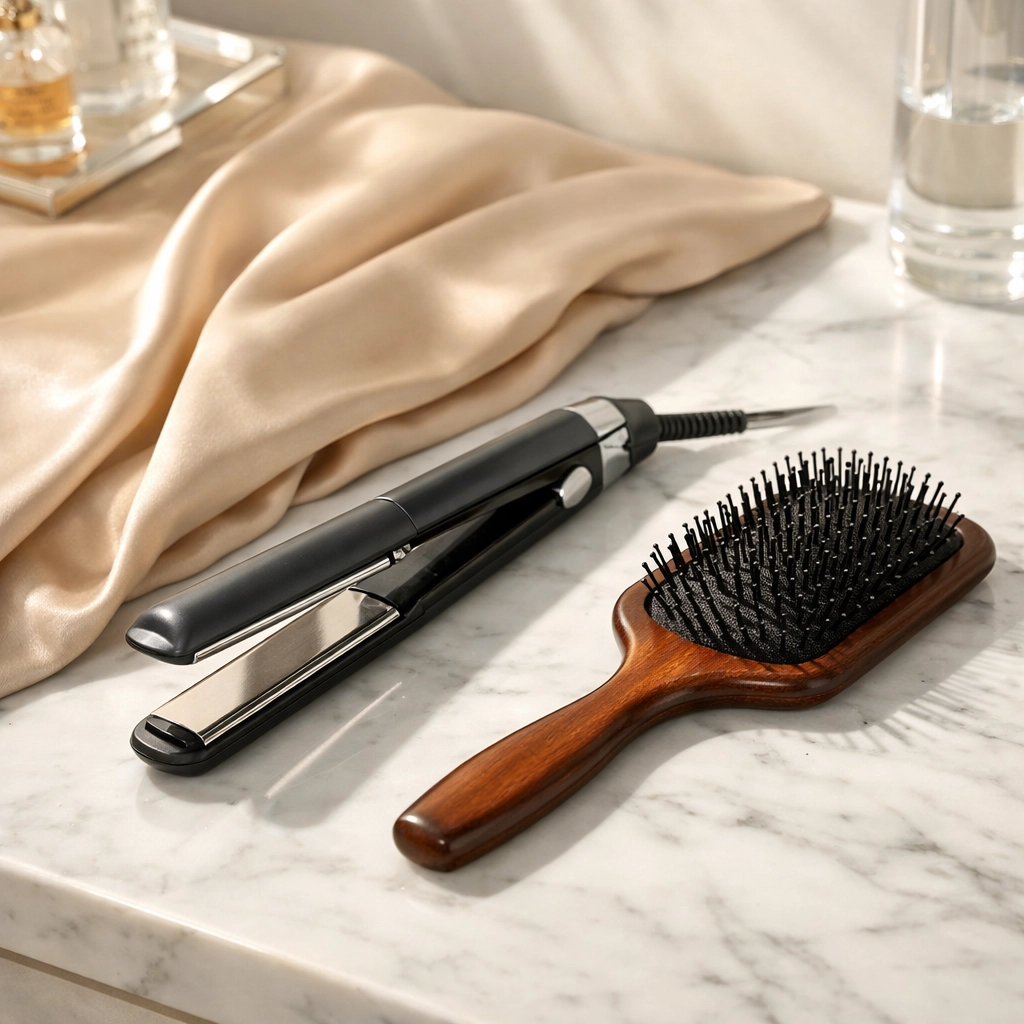 At-home hair care tools setup with flat iron, brush, and silk pillowcase for healthy hair in NH