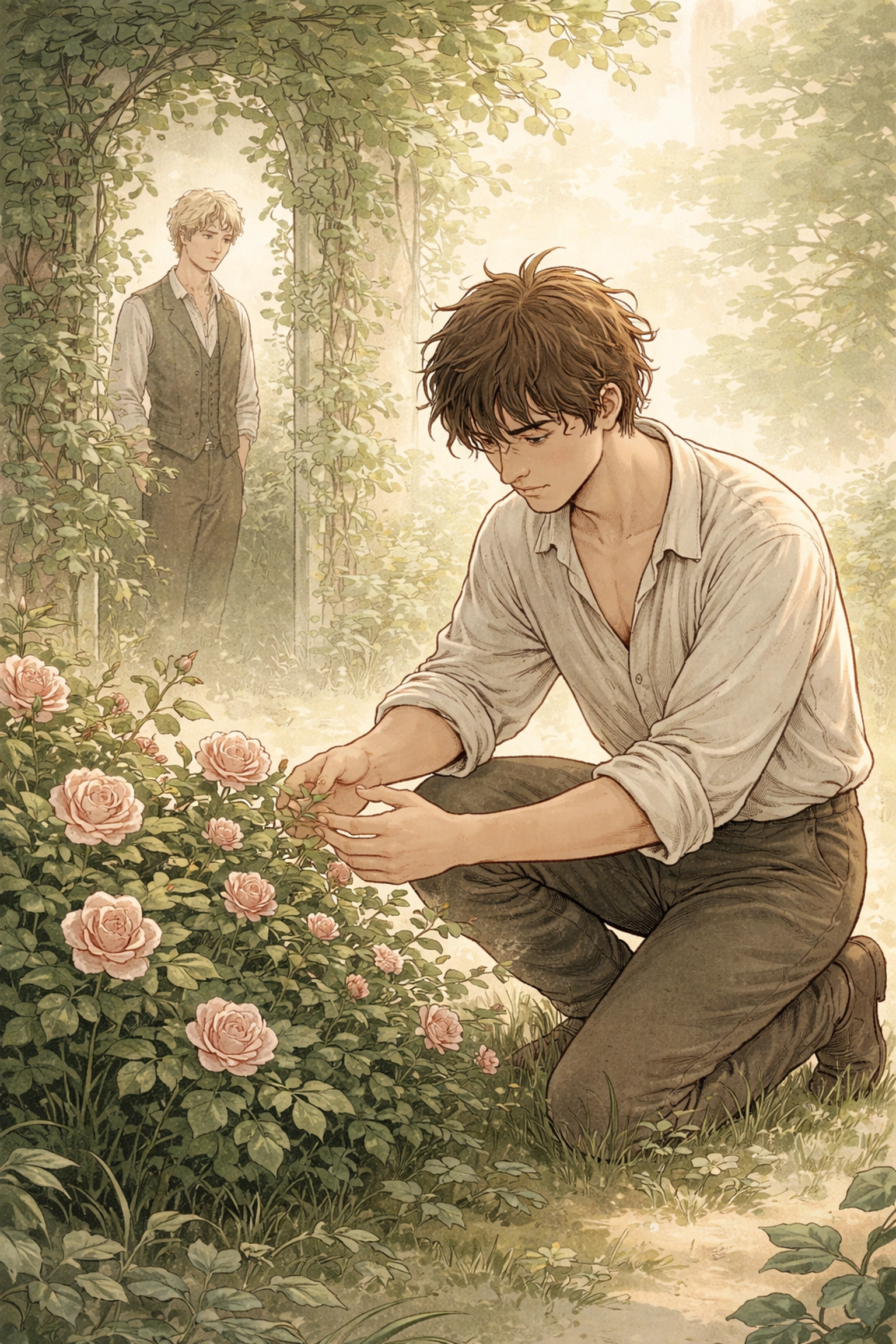 Illustration of a young male gardener tending roses as another man watches, representing tender MM connection in Versailles setting.