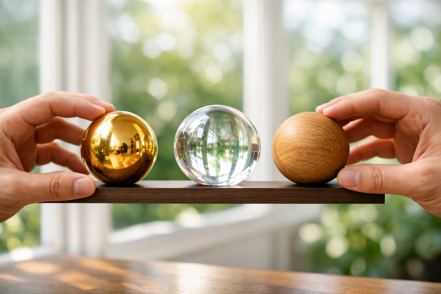 Hands balancing diverse spheres to illustrate a well-balanced and diversified investment portfolio.