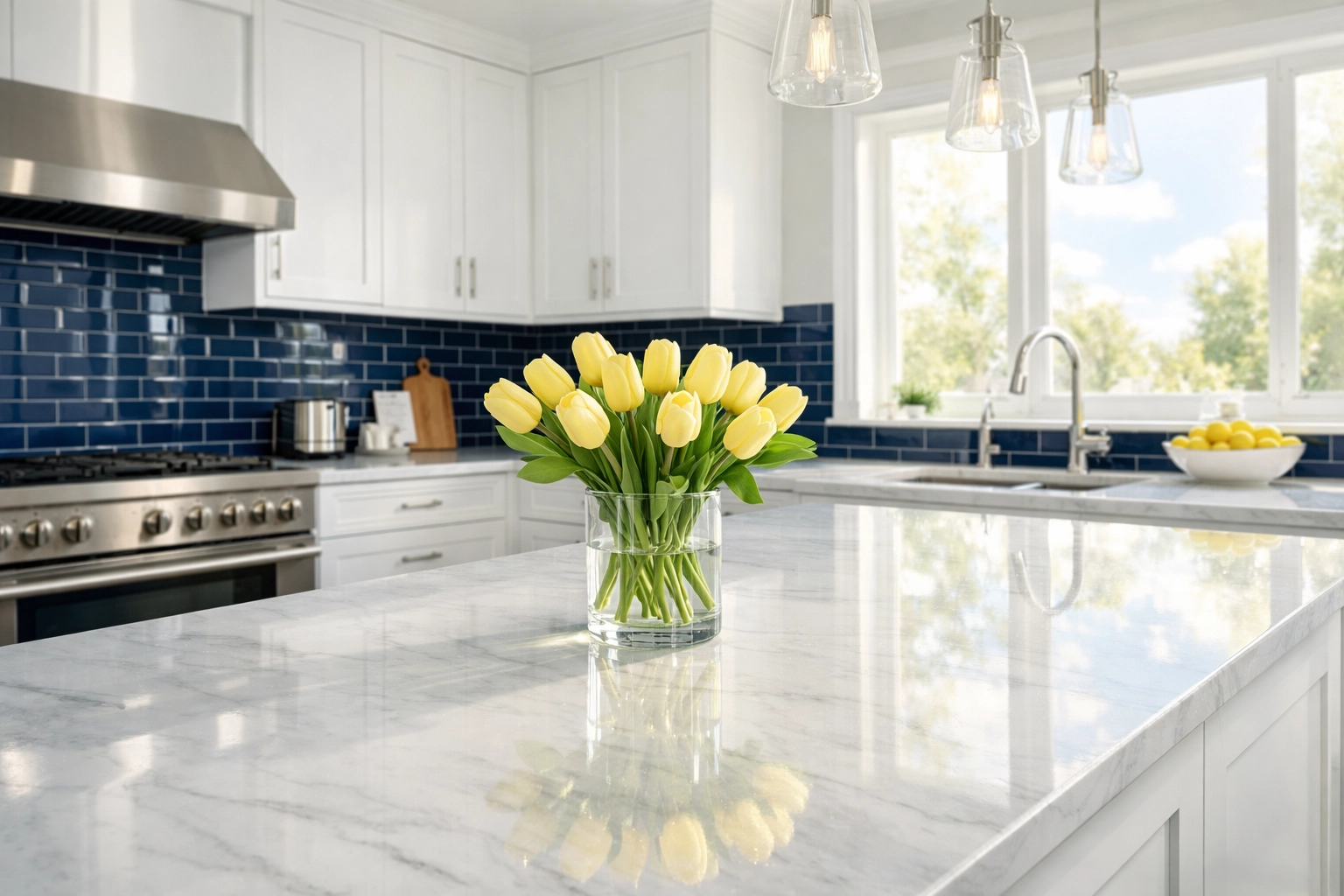 Sun-drenched modern kitchen with White marble counters highlighting professional deep cleaning results.