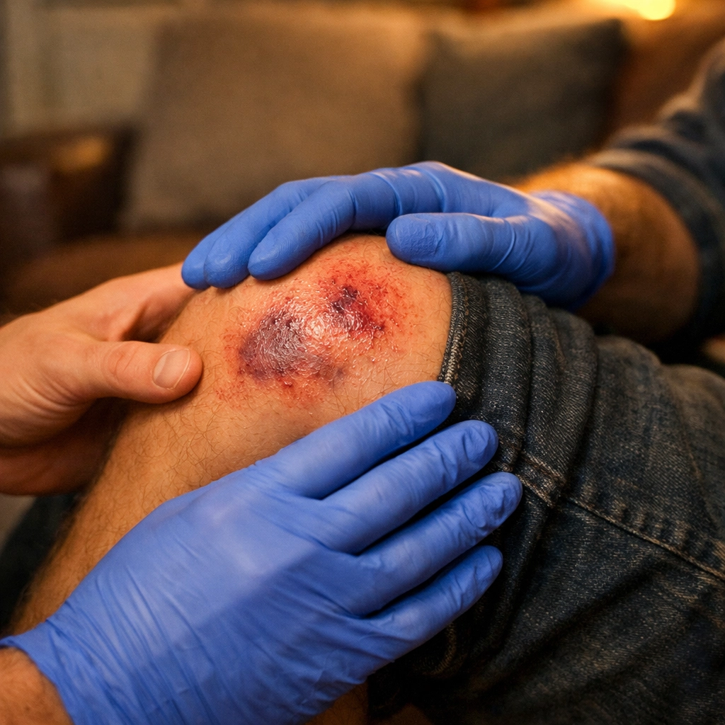 EMT tenderly examining injured man's knee in cozy apartment - gay romance hurt/comfort trope