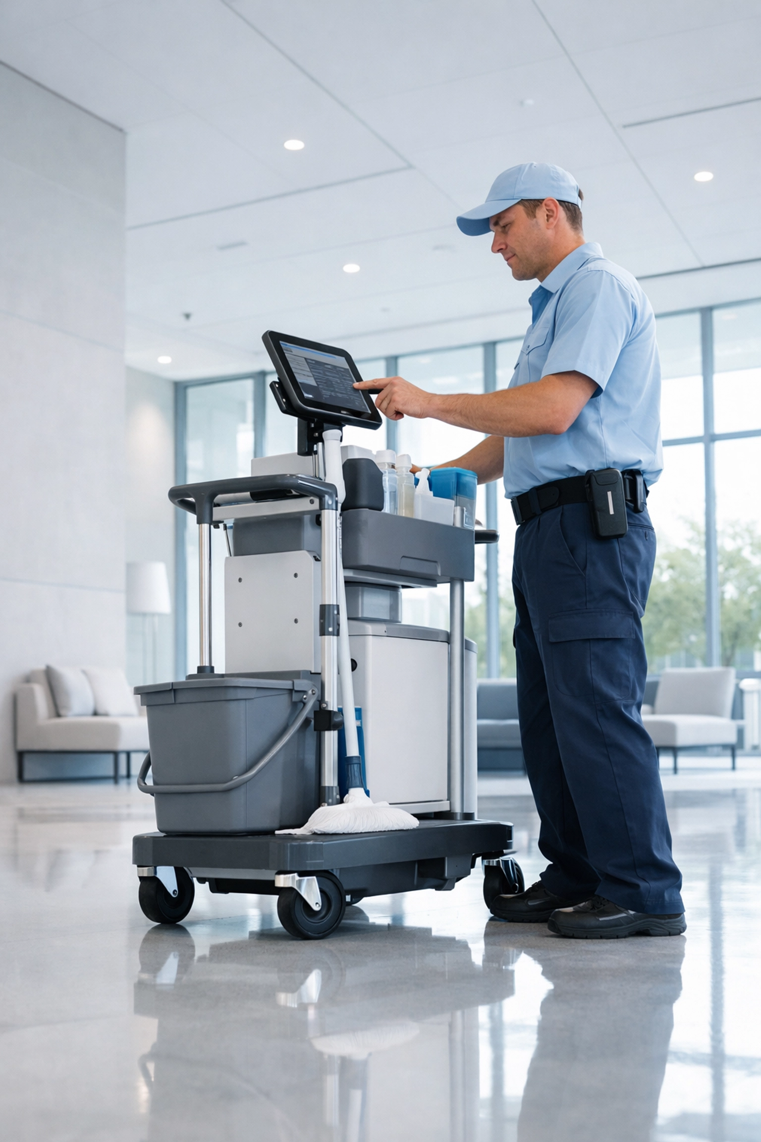 Professional janitor using tablet technology in commercial building lobby for automated feedback