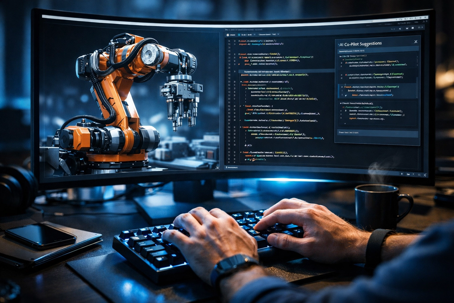 Software developer using AI-assisted coding tools to create industrial robot automation scripts.