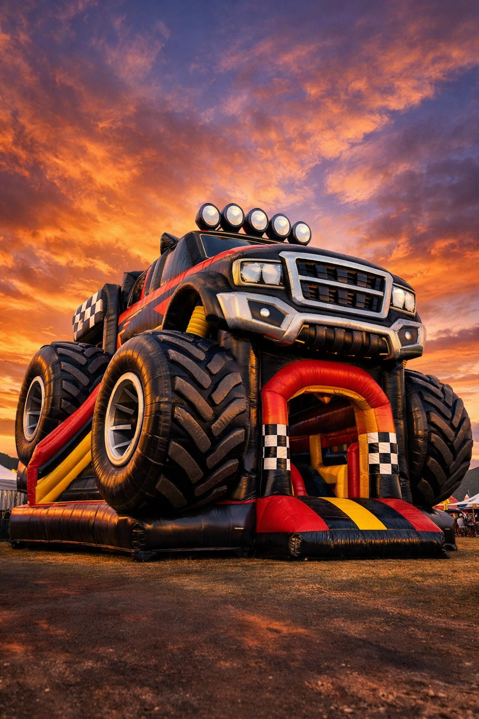Large Monster Truck themed bouncy castle for rent in Comox Valley during a sunset event.