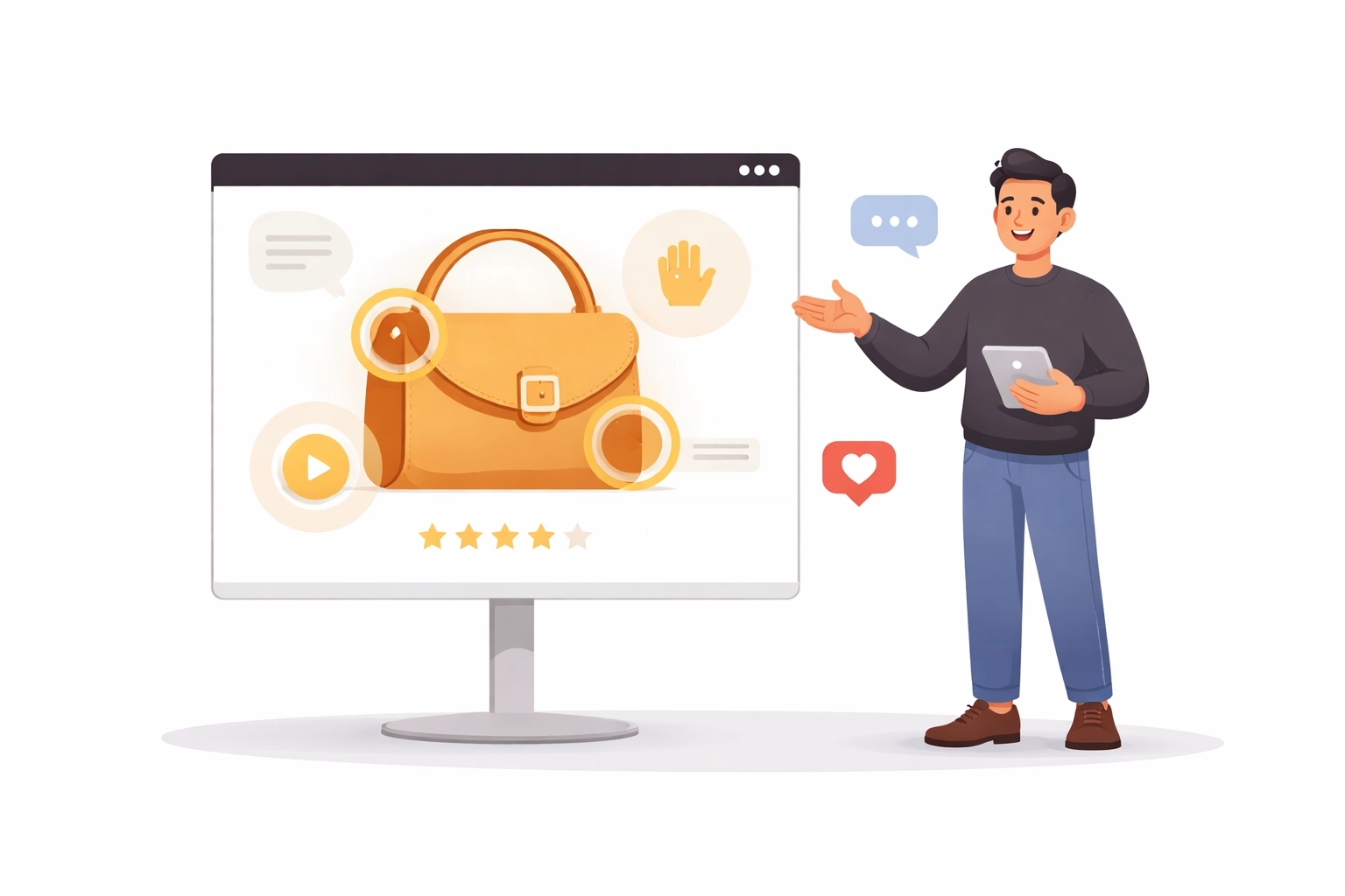 Presenter demonstrating a product on screen with live chat and engagement icons, highlighting shoppable video features.