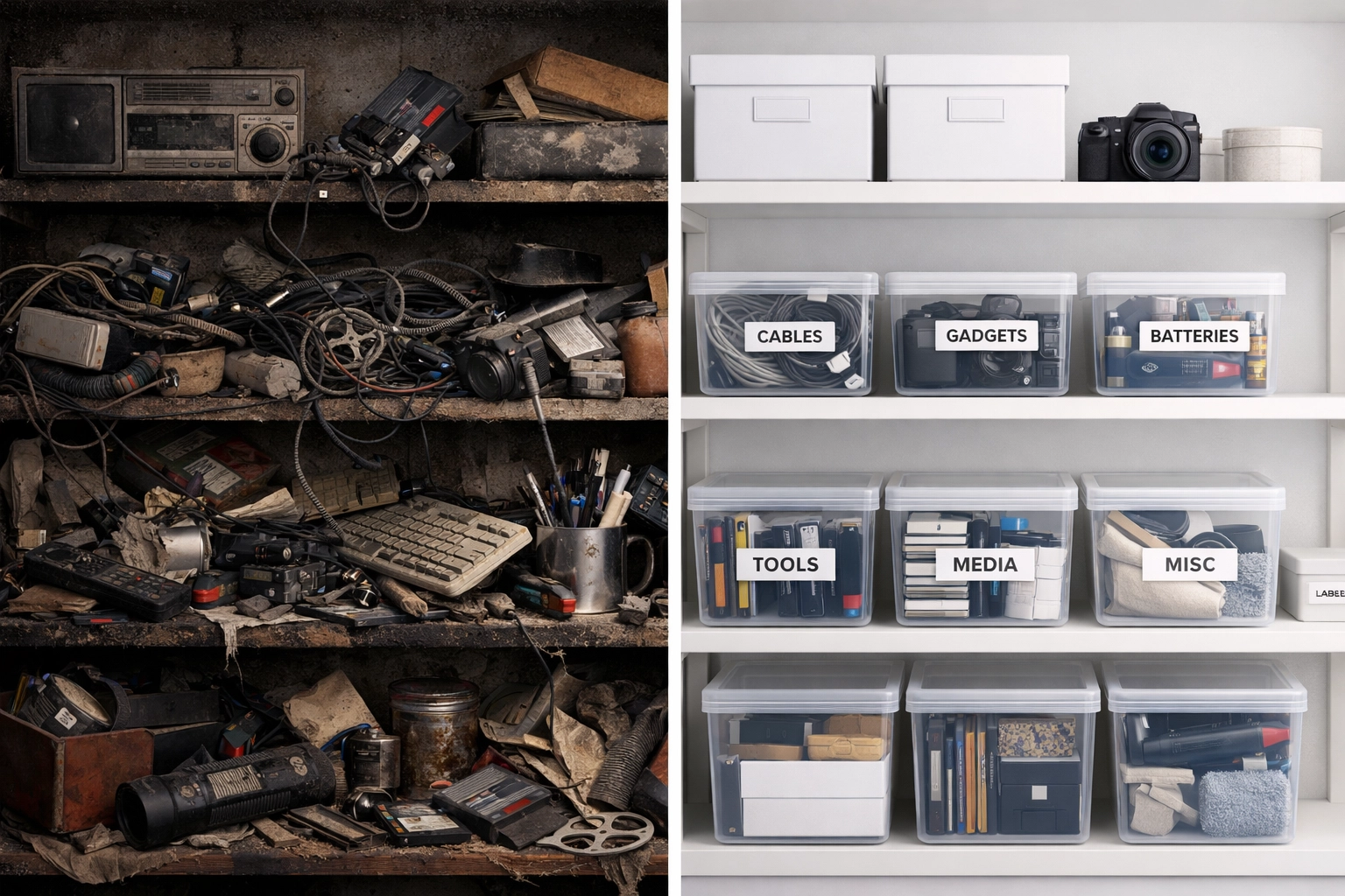 Before and after comparison of cluttered versus organized GTM container after audit cleanup