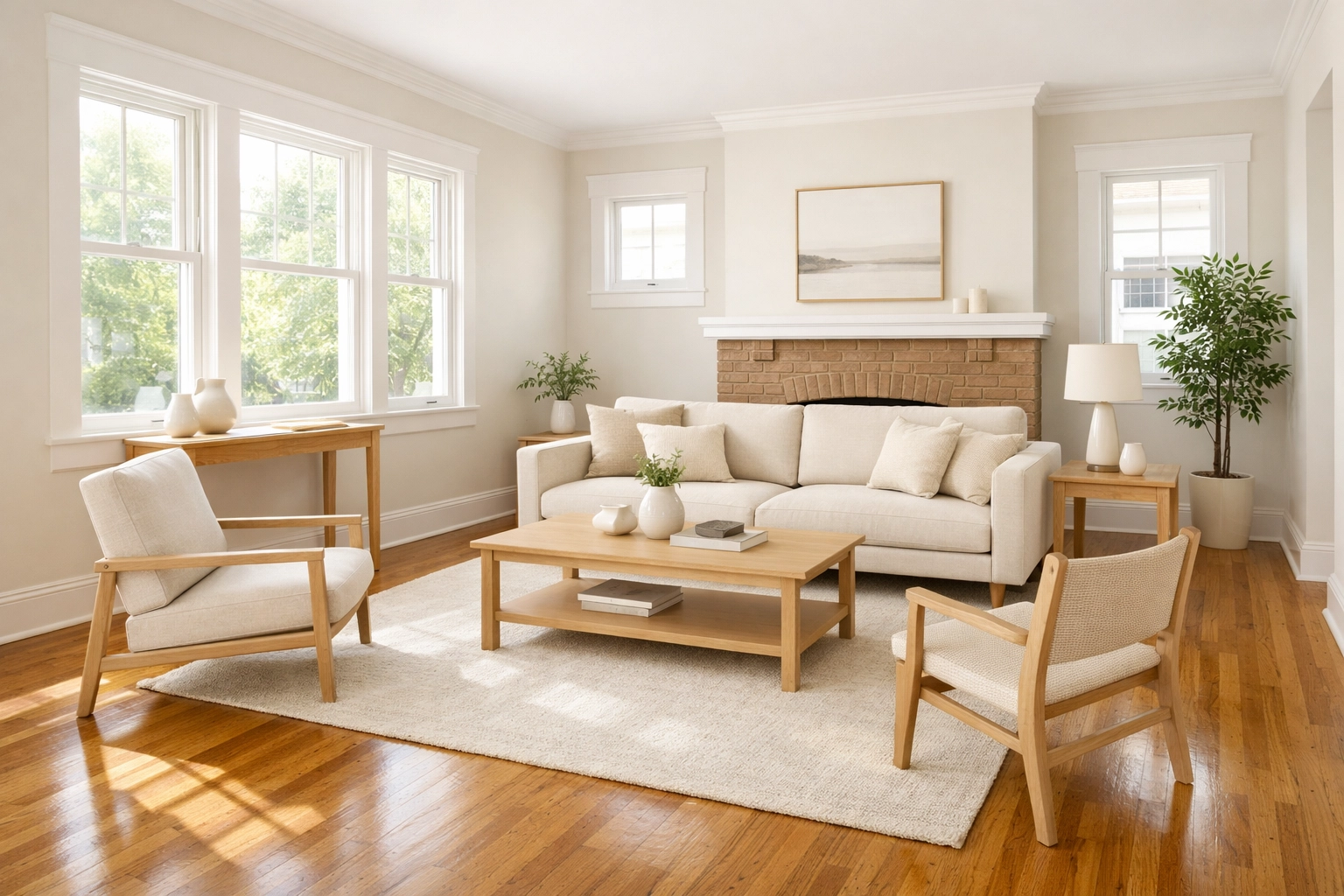 A sun-drenched renovated Lakewood living room featuring original hardwood floors and modern minimalist styling.