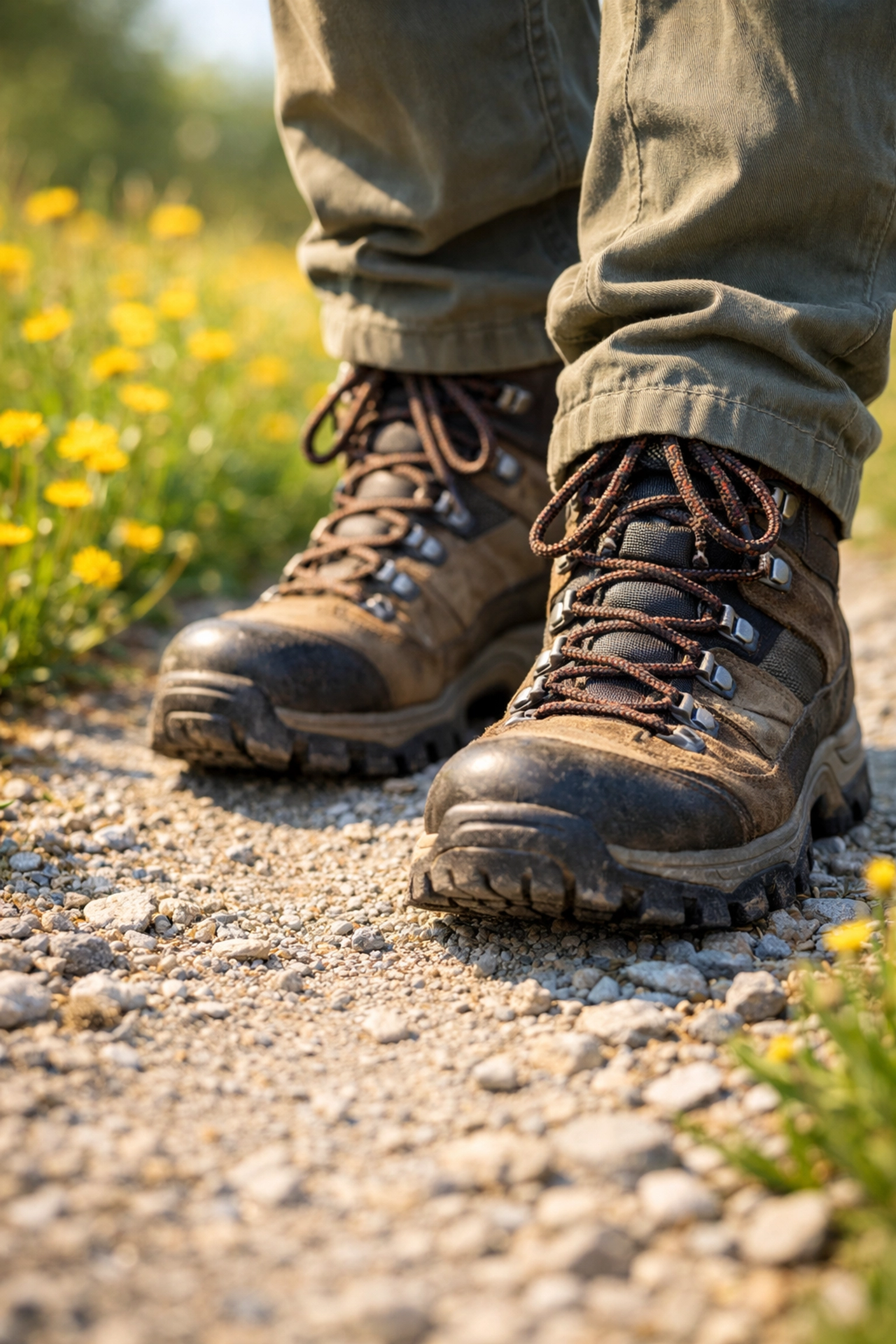 Close-up of hiking boots on a safe, well-maintained trail during a guided hiking tour in the UK.