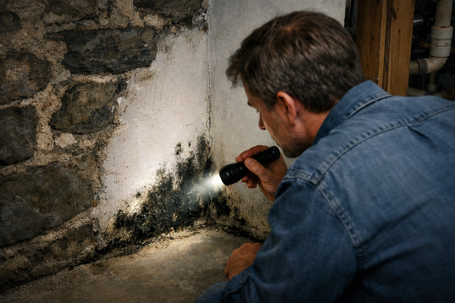 Homeowner discovering black mold in Berks County basement wall