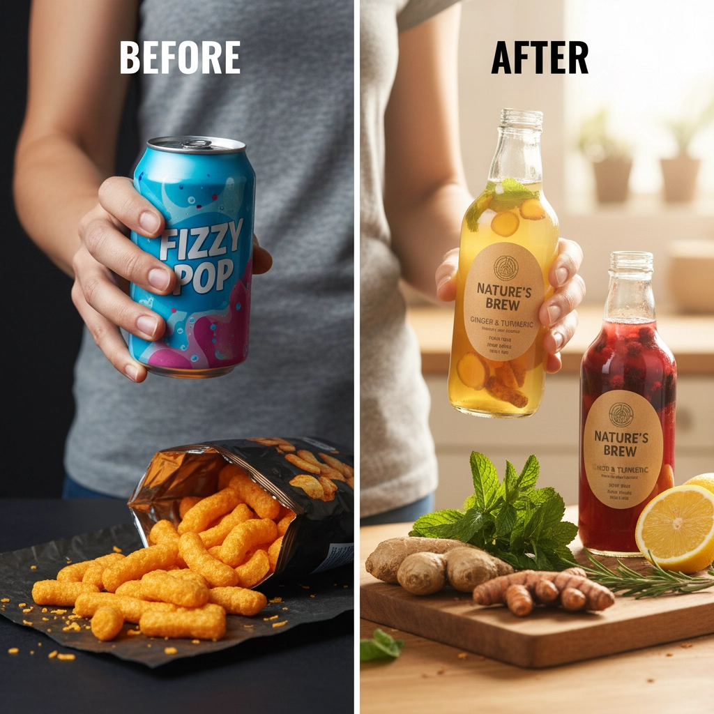 fizzy soda can versus healthy kombucha drink image