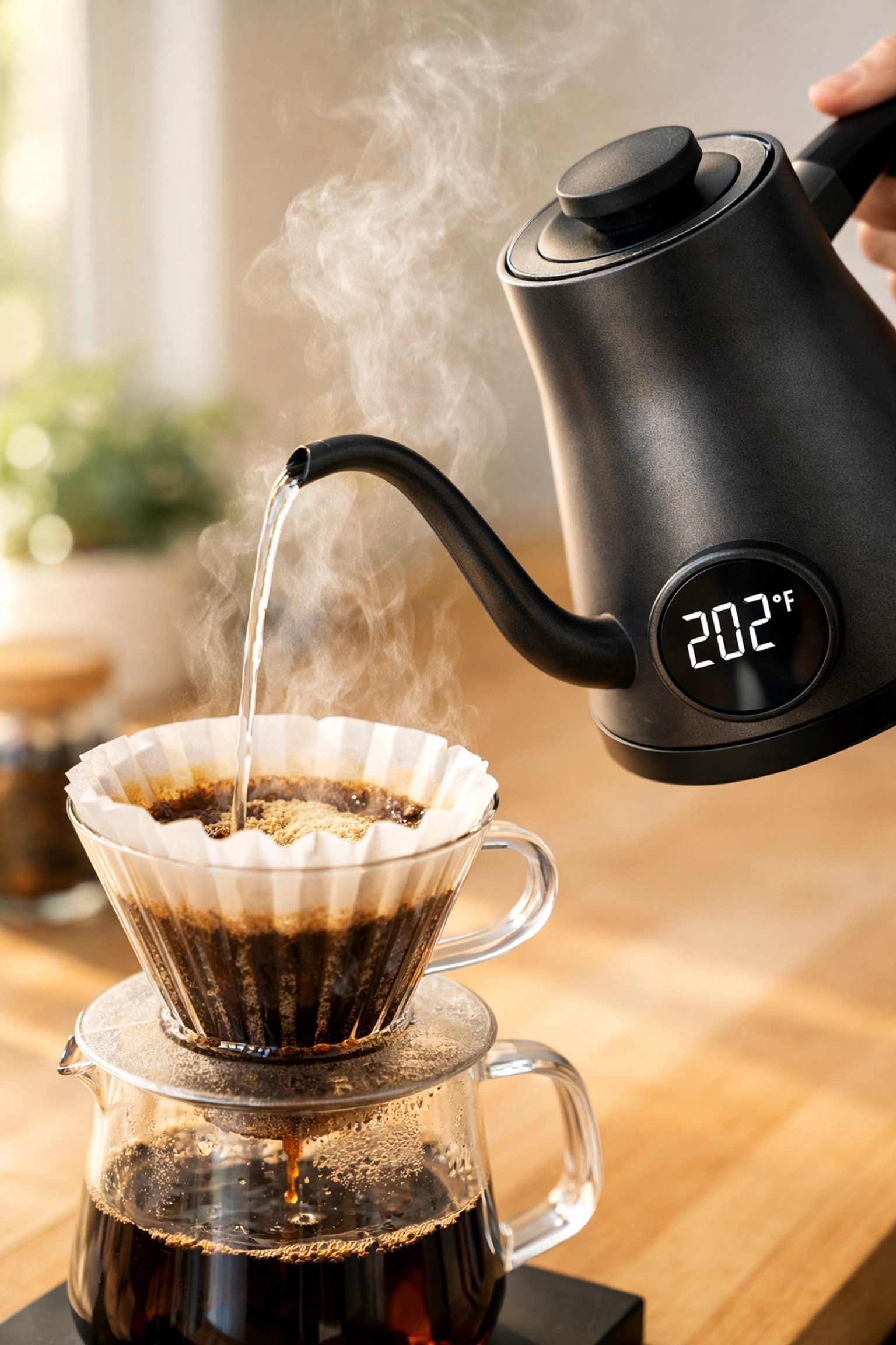 Temperature-controlled gooseneck kettle pouring hot water for pour-over coffee brewing