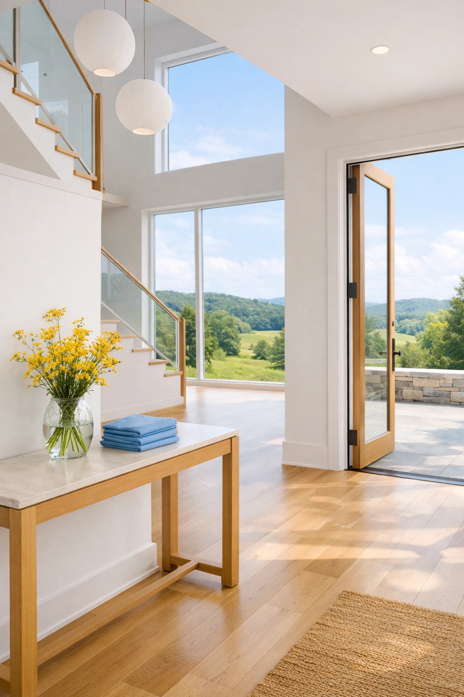 Eco-friendly deep cleaning for a Hingham estate entryway with clean oak floors and views of World's End.
