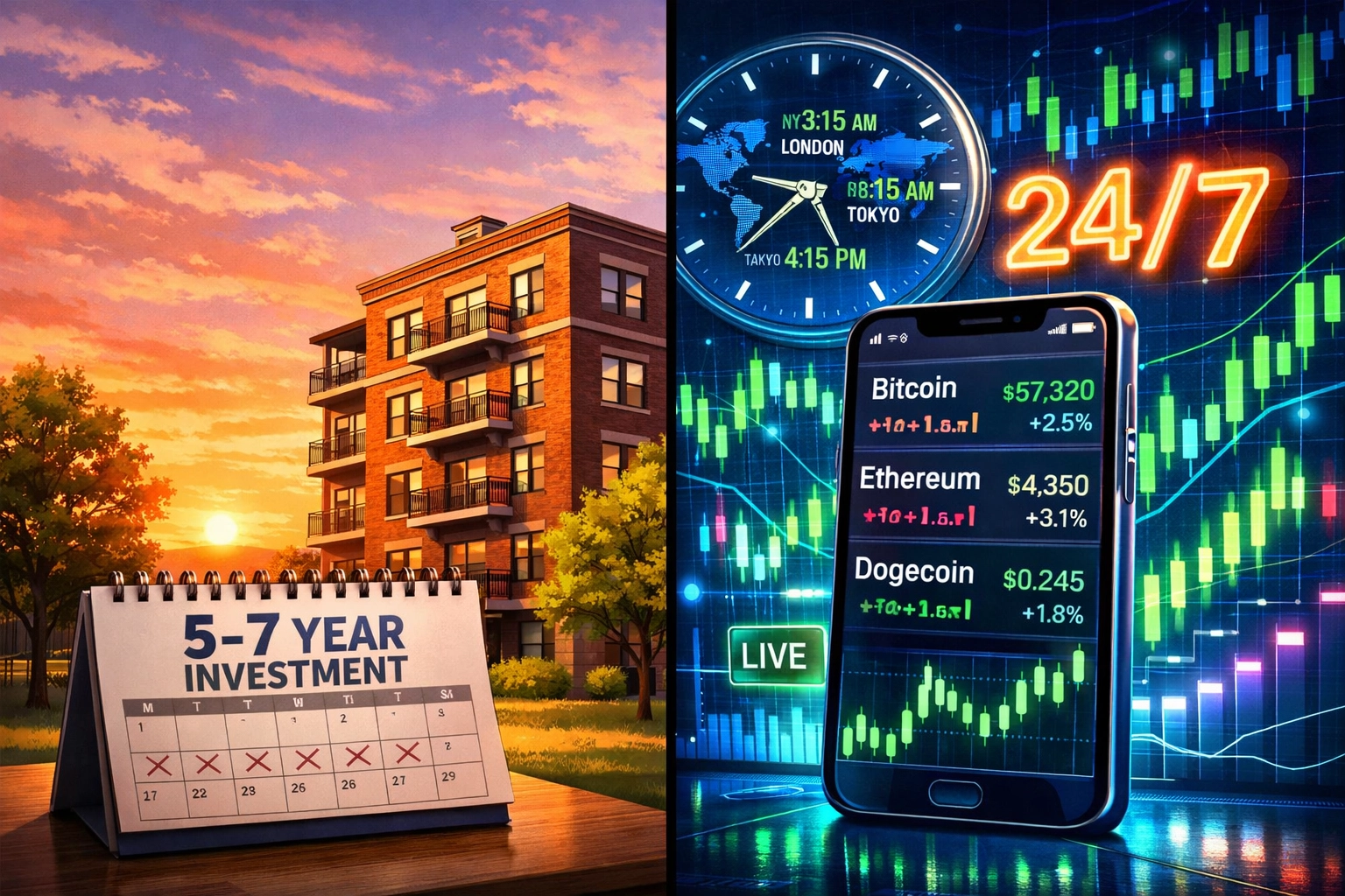 Real estate long-term investment compared to 24/7 crypto trading liquidity illustration