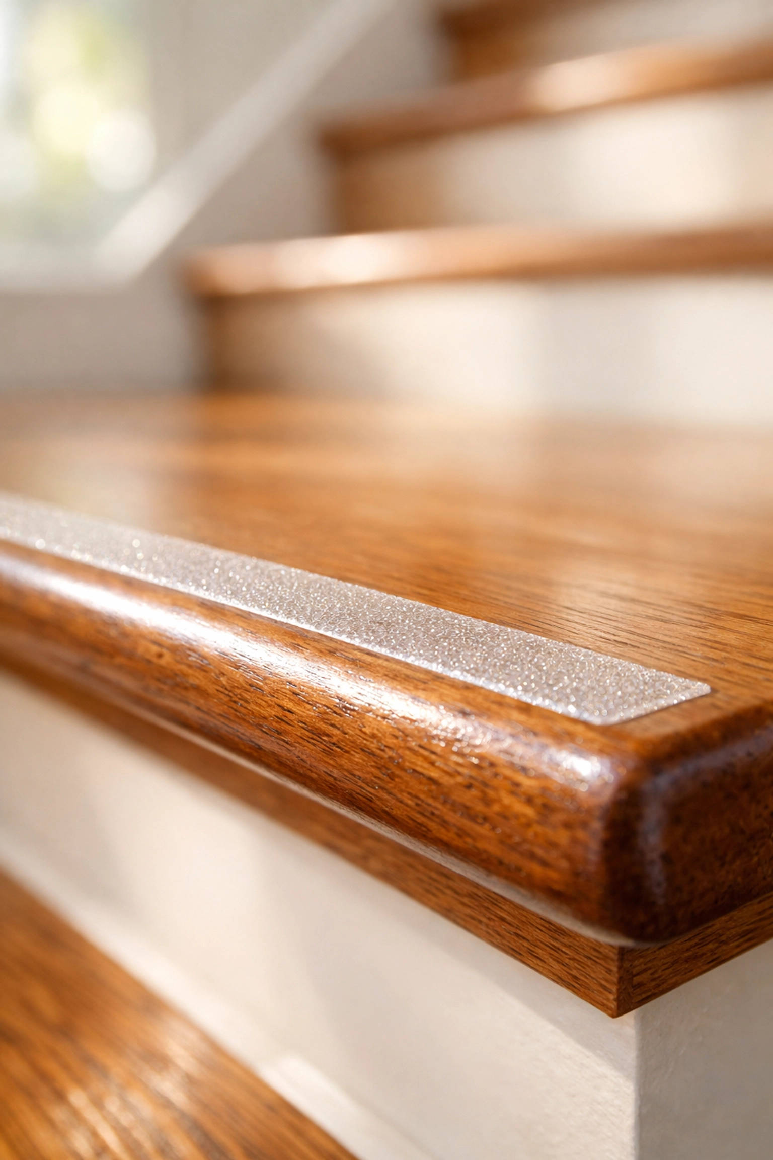 Transparent non-slip grip strip applied to the edge of a hardwood stair for improved traction and fall safety.