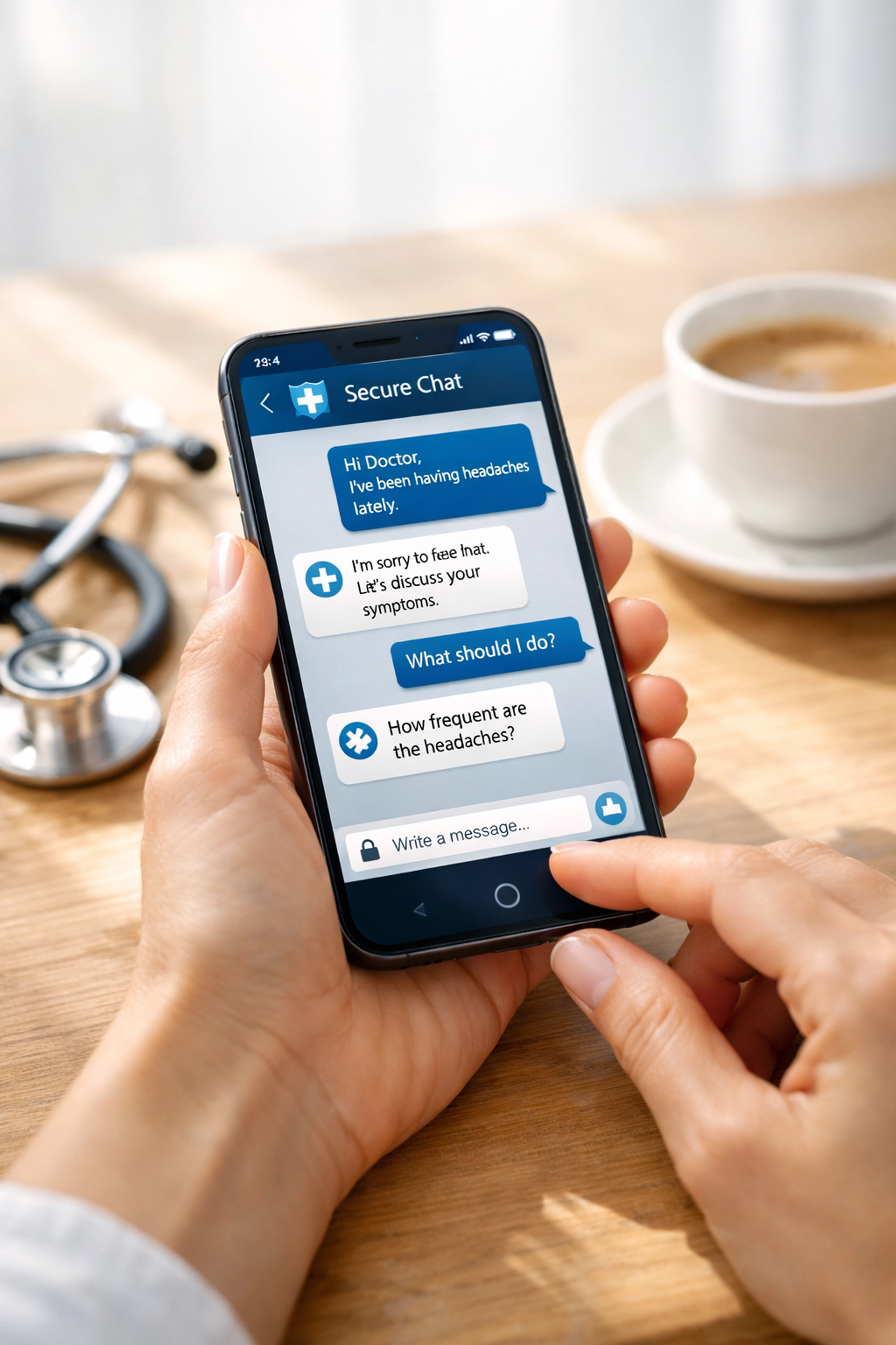 Secure medical chat on a smartphone for 24/7 online doctor consultations and same-day prescriptions.