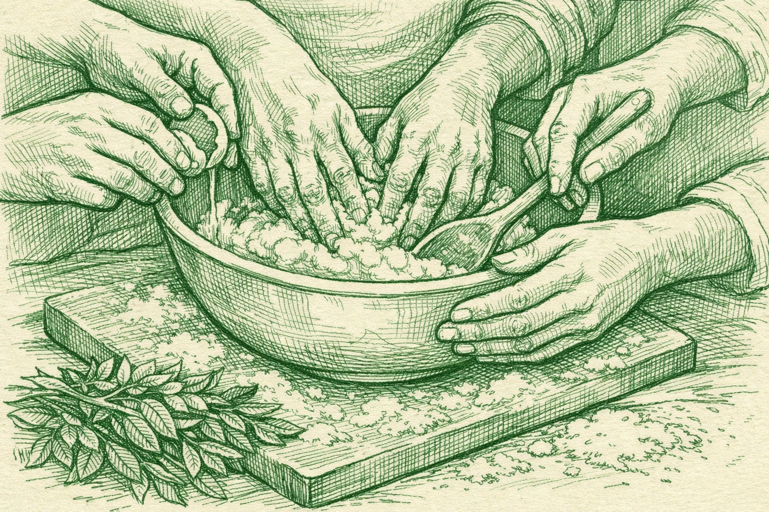 Four hands preparing a family meal together, symbolizing queer family connection and love