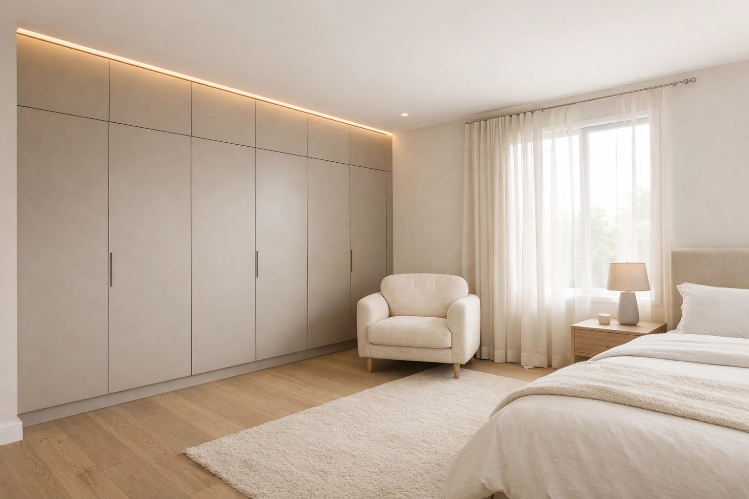 Bespoke fitted wardrobes in a luxury minimalist bedroom renovation by interior designers in Derby.