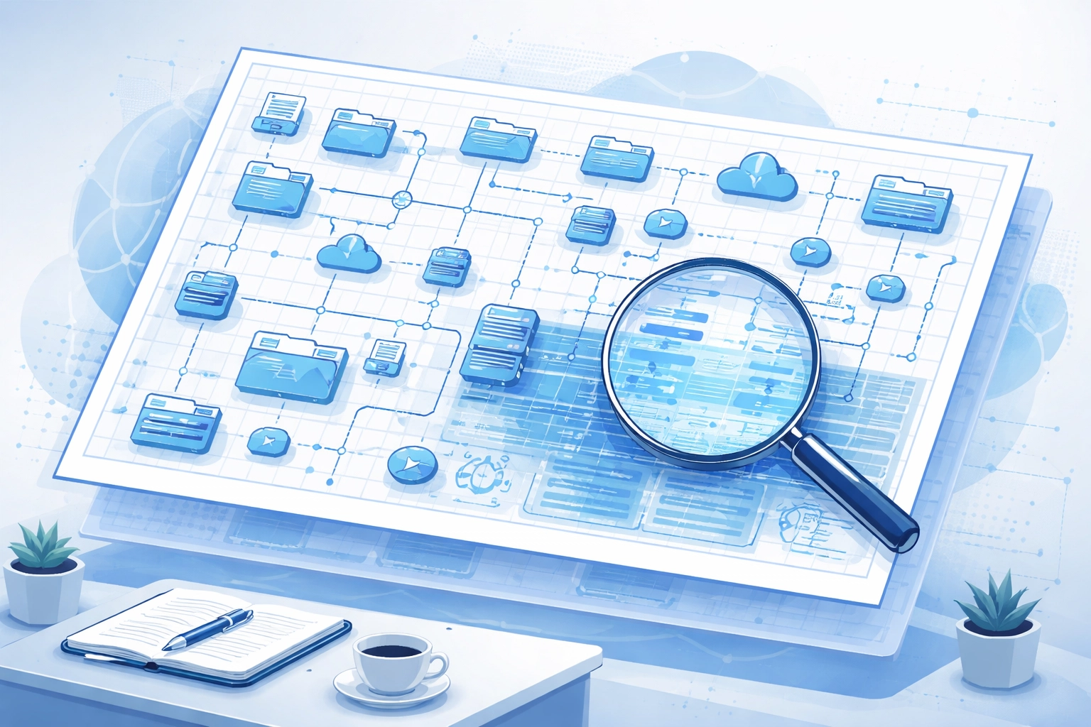 Network map with folders and magnifying glass, illustrating transparency and organized IT documentation for Michigan companies