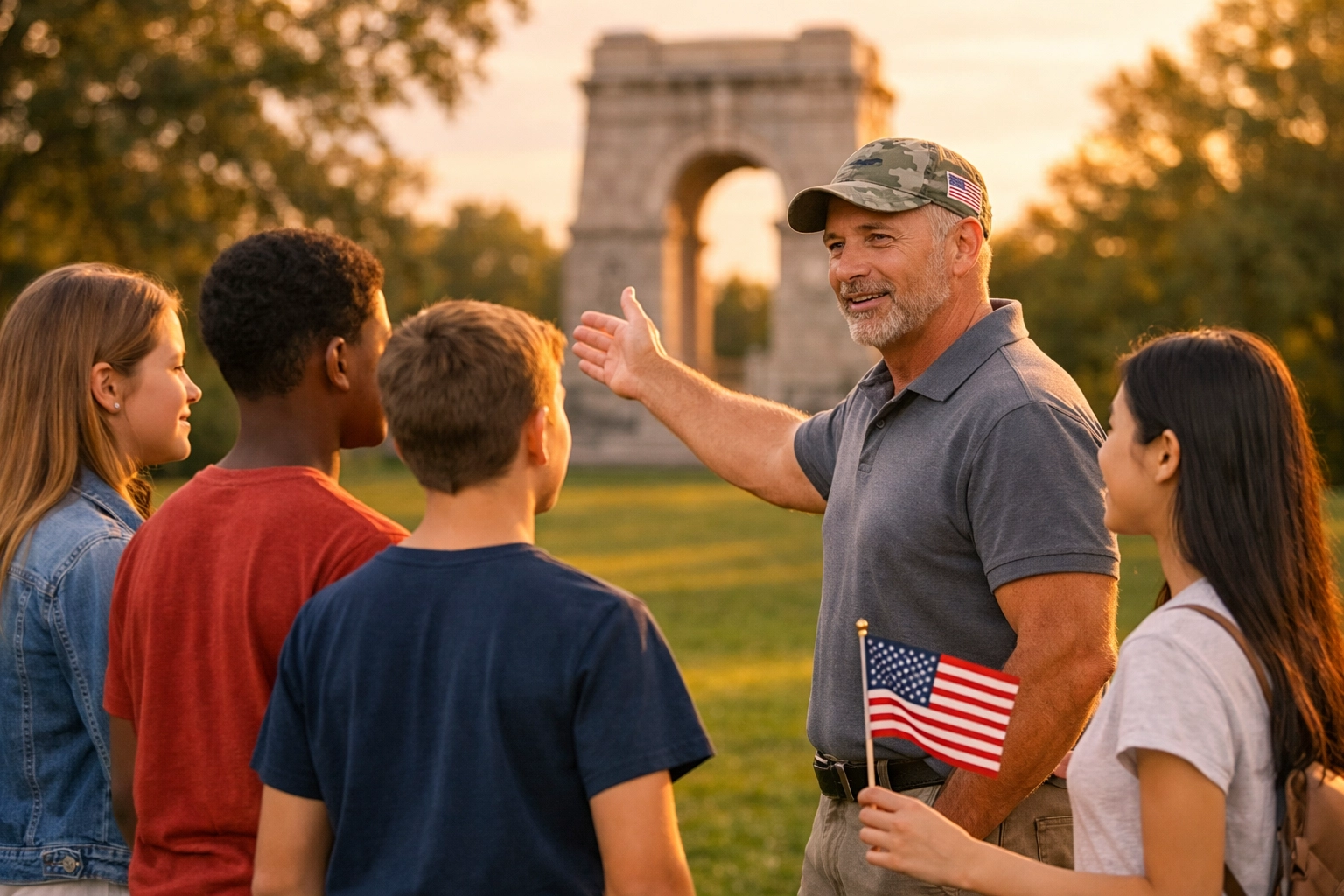 A veteran mentoring youth on civic leadership and patriotic values during the America 250th anniversary.