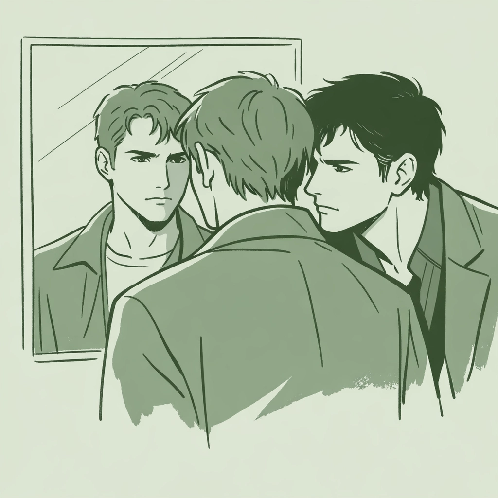 Gay psychological thriller with bisexual protagonist: two men in tense, mysterious scene