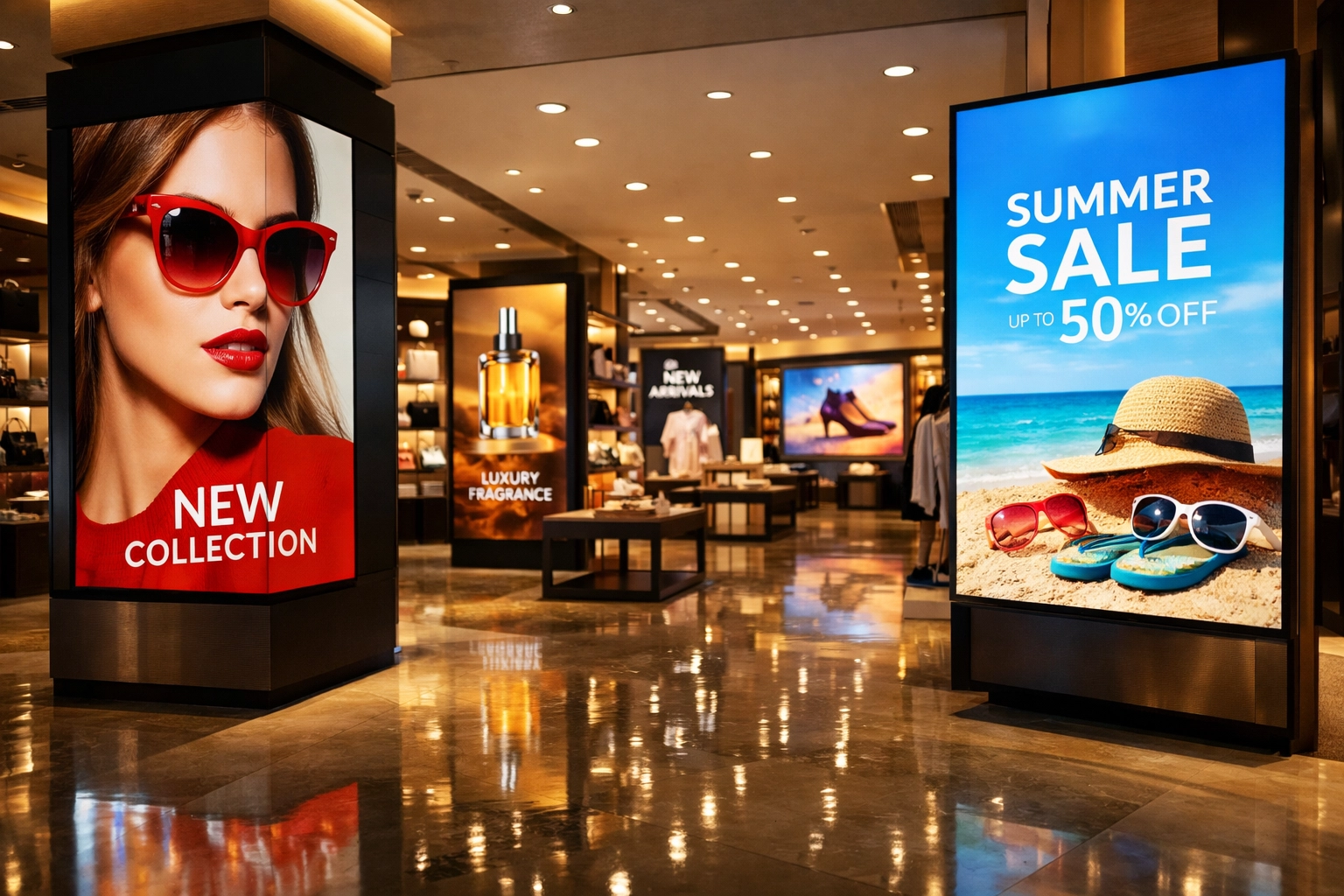 Retail store interior featuring integrated digital signage displays and modern customer experience technology