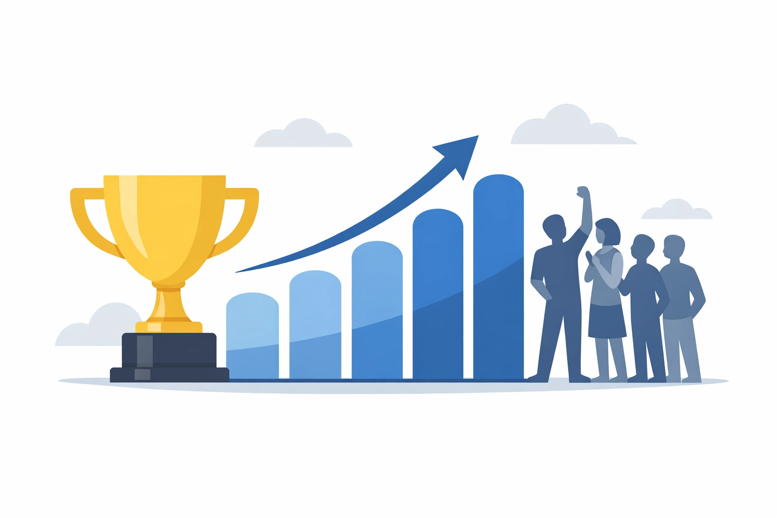 Growth chart and trophy illustrating successful results for progressive political ad campaigns.
