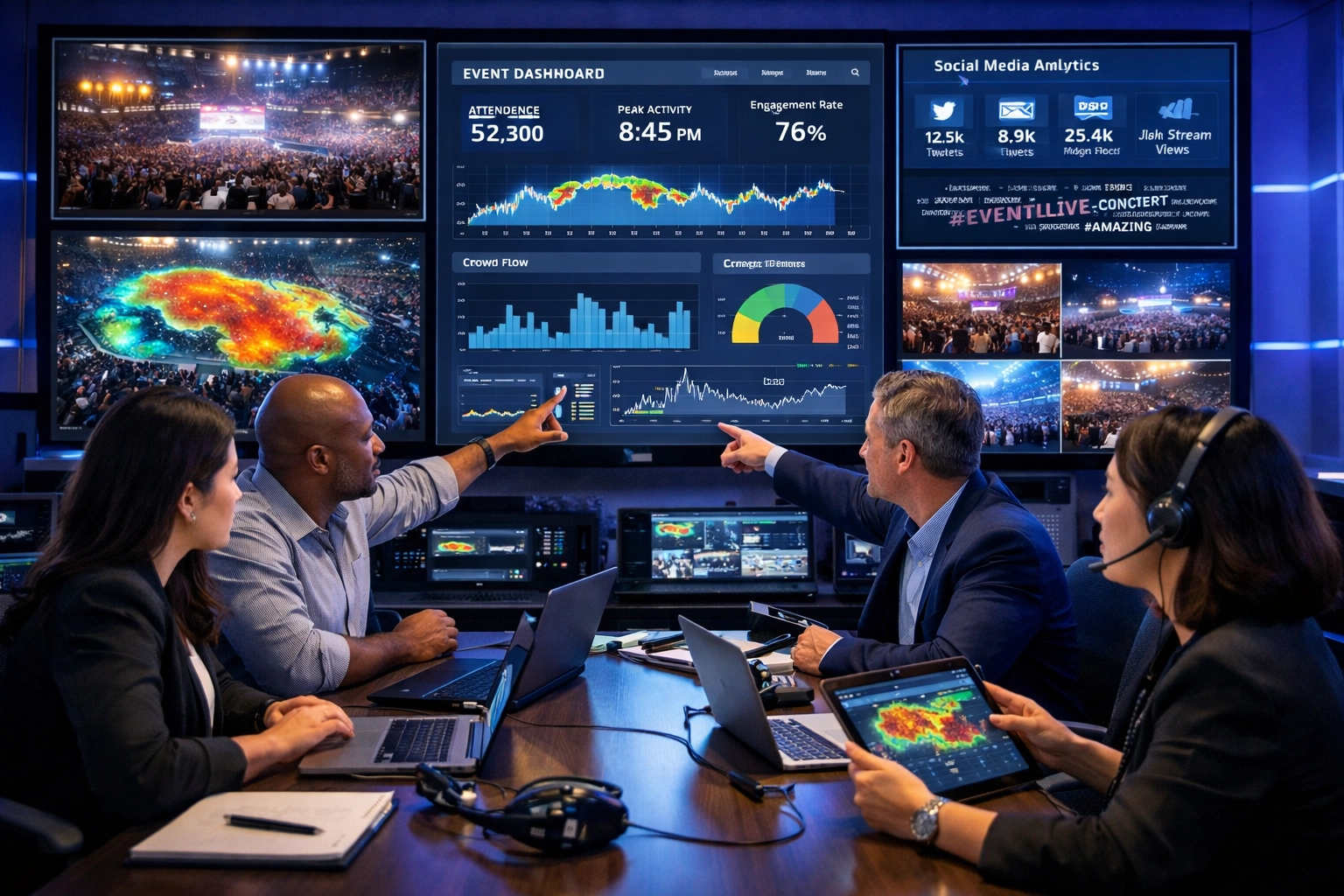 Event production control room with real-time analytics dashboards for stadium activation