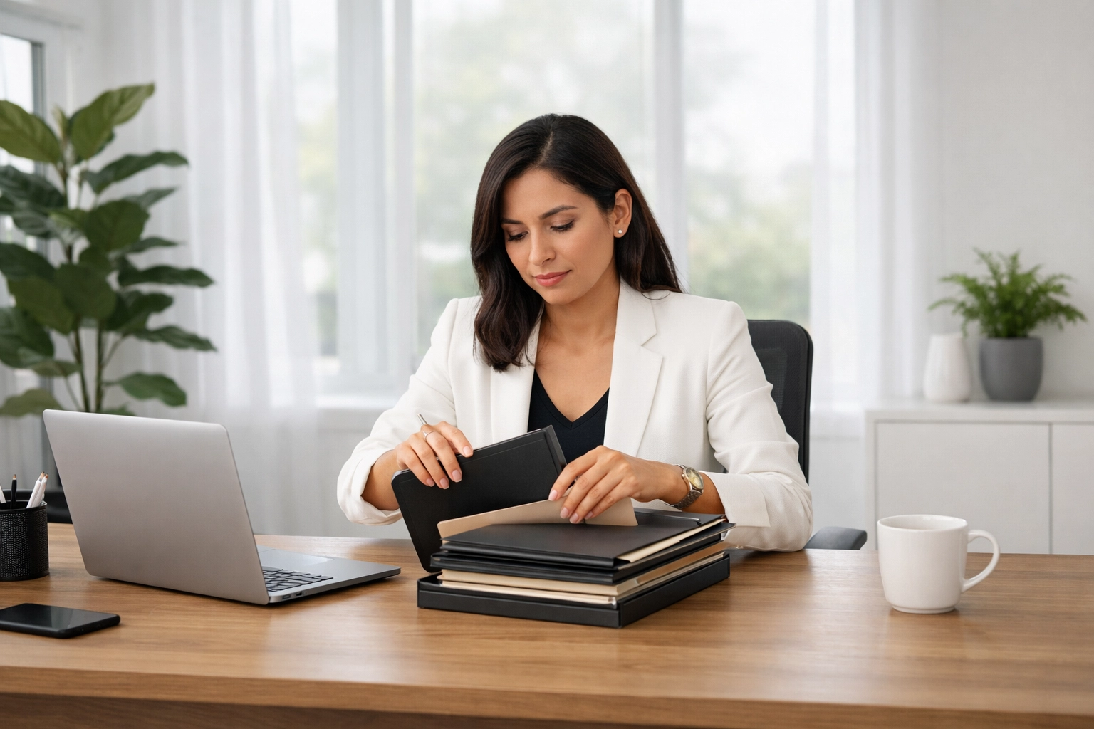 A small business owner organizing tax expense documents and files for quarterly payroll reconciliation.