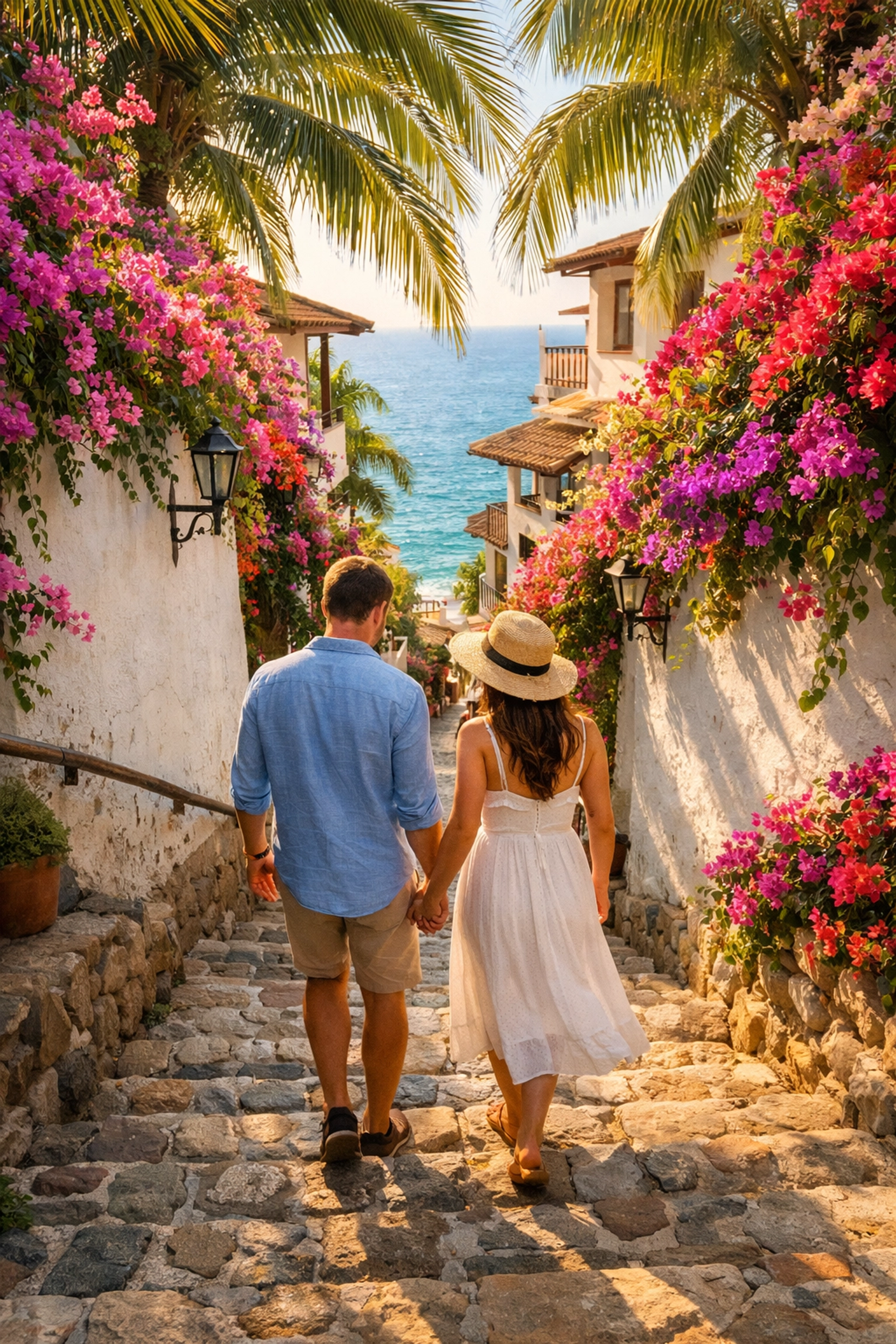 Couple walking cobblestone pathway lined with bougainvillea in romantic Amapas neighborhood